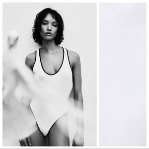 Zara White Asymmetric Bodysuit with Trim Detail. Size M.
